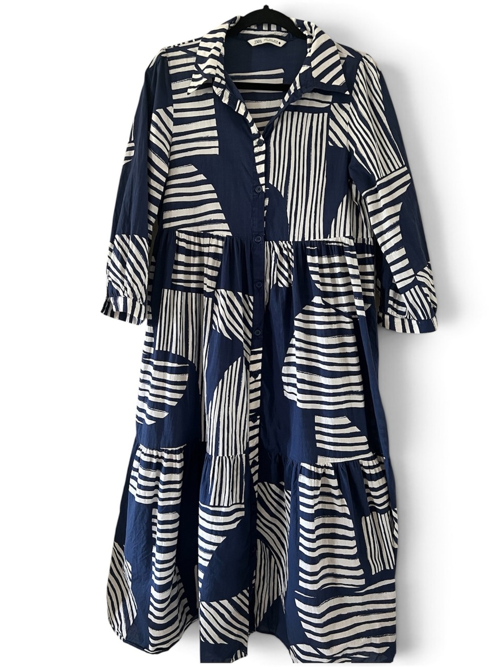 Zara Navy and White Striped Patchwork Maxi Dress
